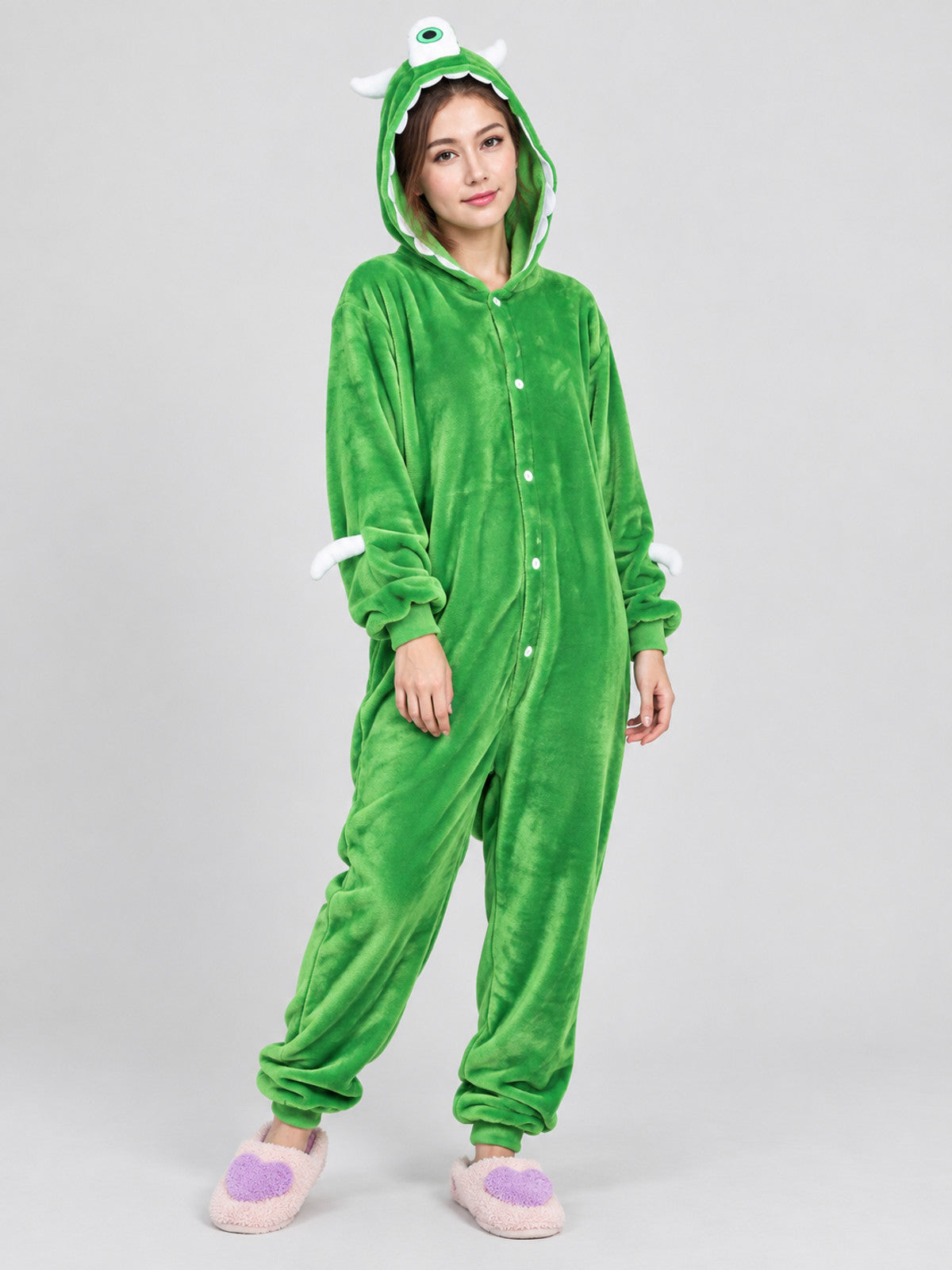 Insulated Green Hooded Pajama Jumpsuit with Decor