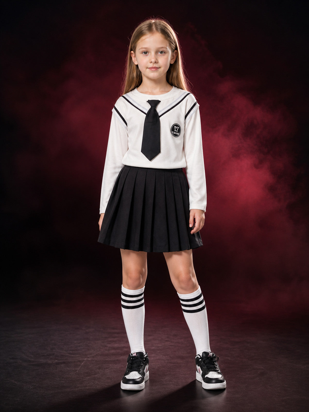 Kids Wizard School Uniform Costume Set, White Long Sleeve Sailor Top with Black main product view