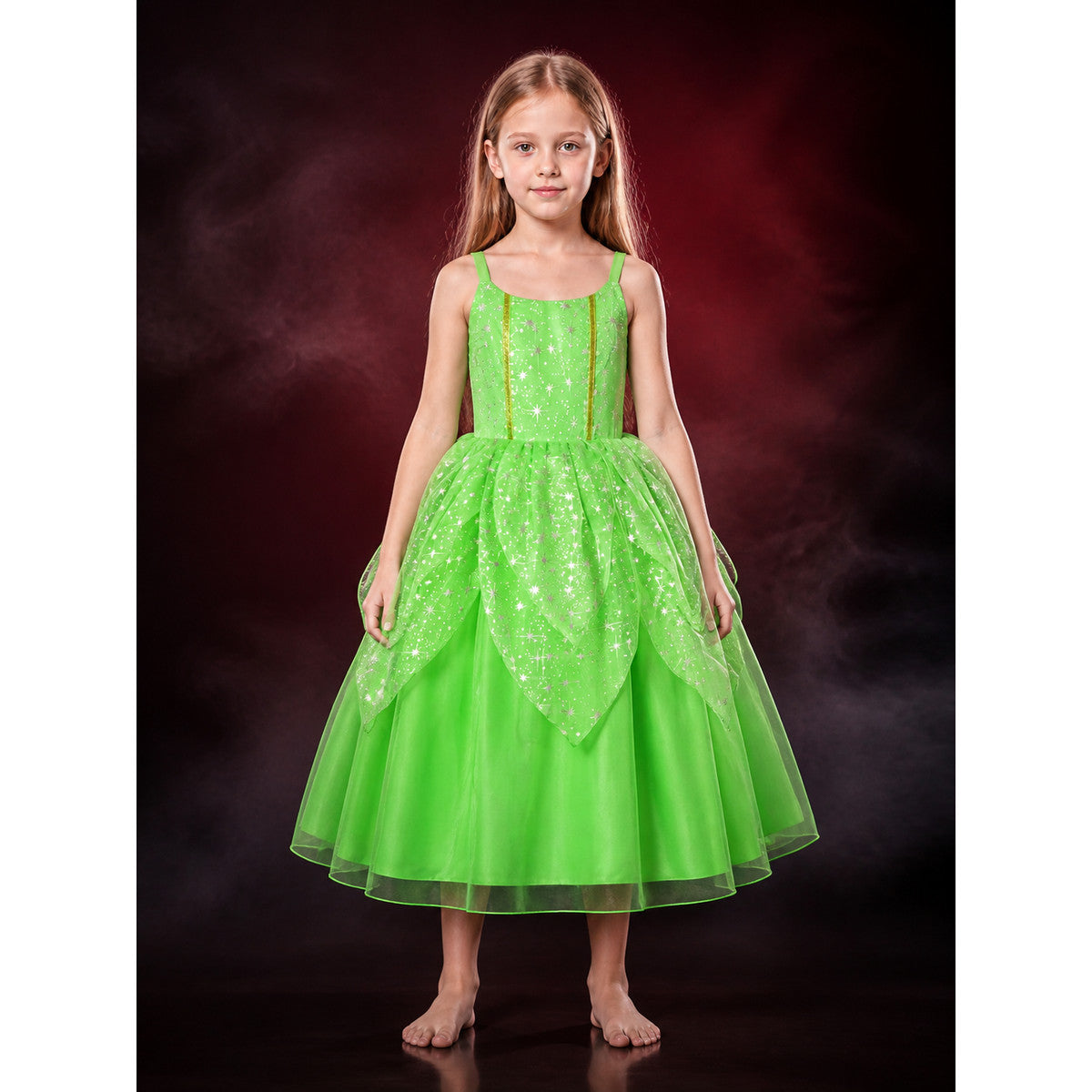 Kids Green Princess Dress Costume with Glitter Stars and Tutu Skirt for main product view