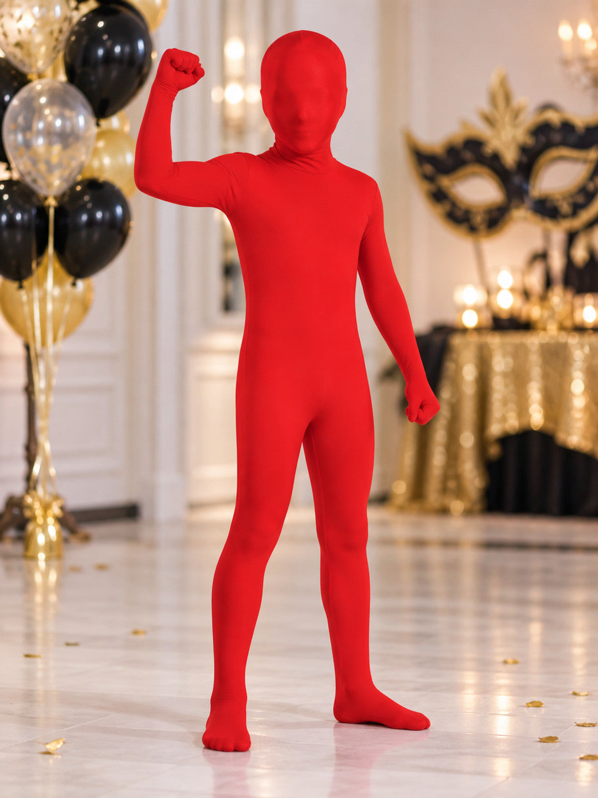 Red form-fitting jumpsuit with a mask hood