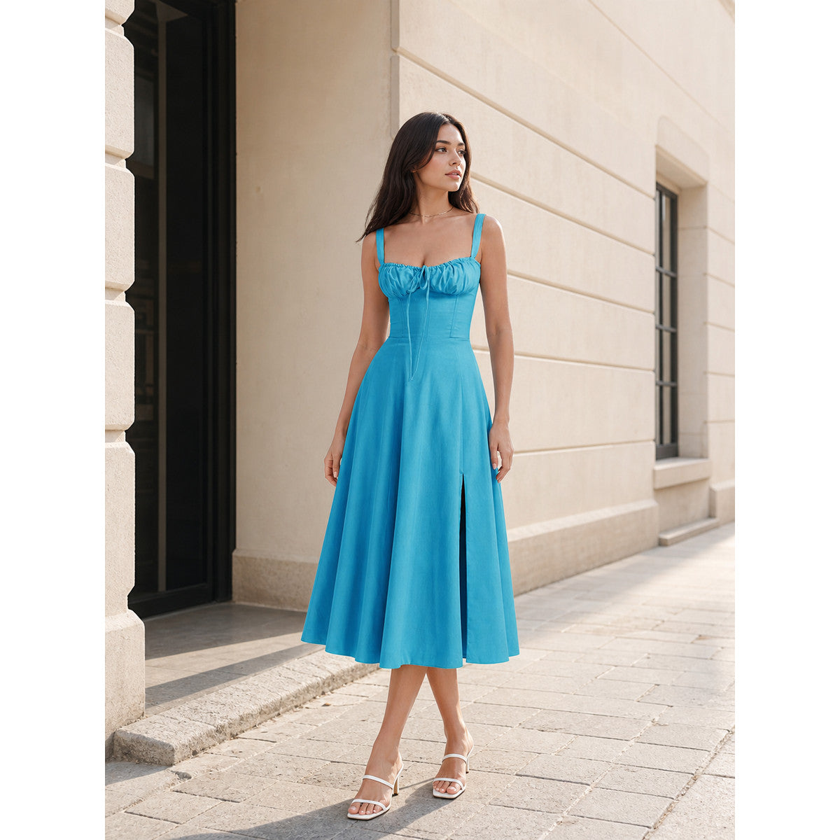 Midi Sundress with Square Neckline and Slit
