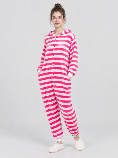 Pink and White Striped Hooded Pajama Jumpsuit