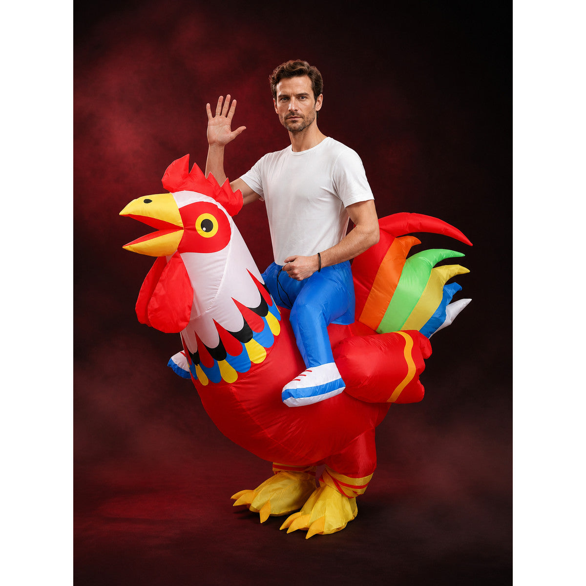 Colorful Rooster Inflatable Costume, Long Tail Chicken Halloween Party Outfit main product view