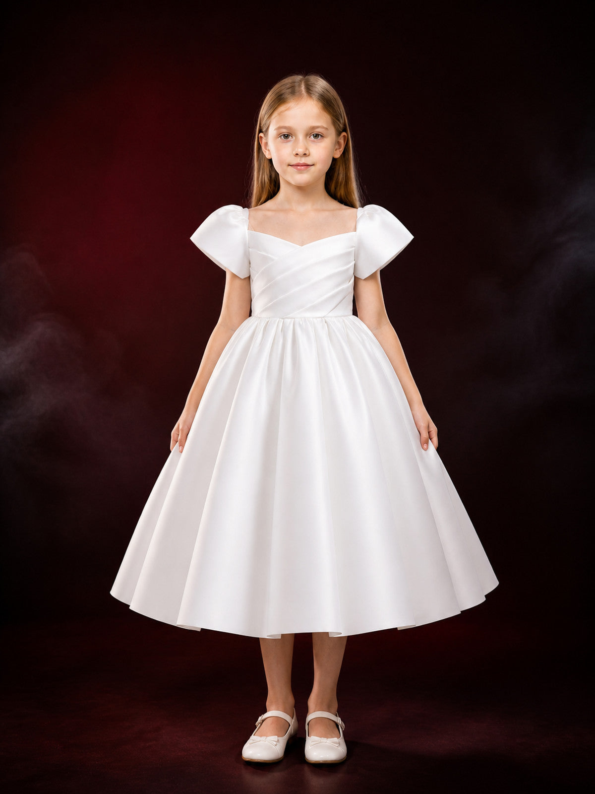 Girls' White Princess Dress, Short Sleeve Pleated Full-Skirt Formal Dress