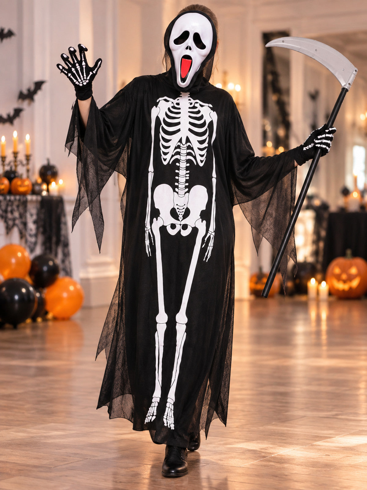 Skeleton Halloween Costume with Mask, Scythe, and Gloves