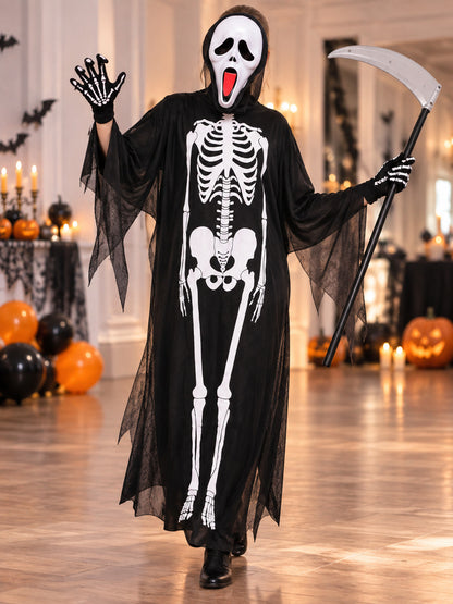 Skeleton Halloween Costume with Mask, Scythe, and Gloves