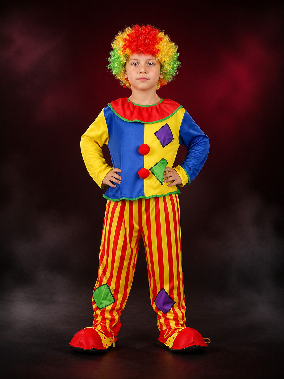 Kids Clown Circus Costume Set with Rainbow Wig Hat, Patchwork Top and Pants main product view
