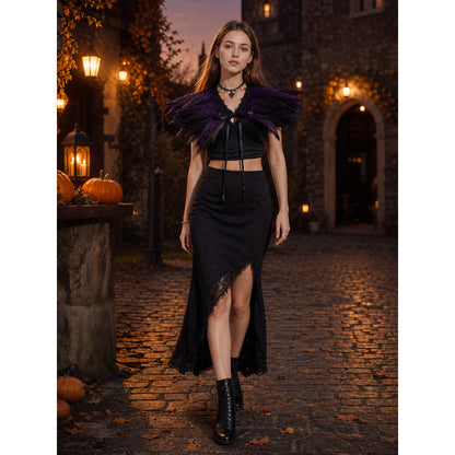 Halloween Costume Capelet, Black Purple Feather Lace Shoulder Cape with Front Center Tie, Lace Trim, Wide Wing Cape for Cosplay Role Play Theme Party