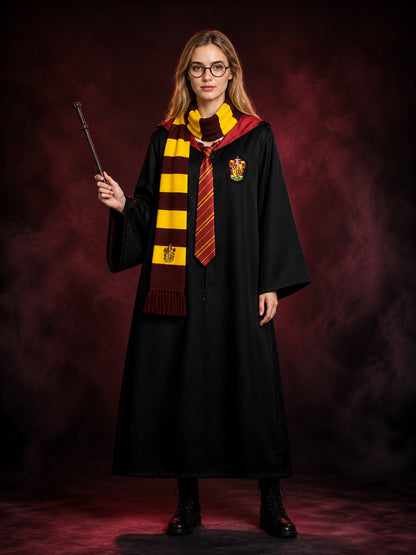 Black Hooded Wizard Robe Costume Set with School Crest, Scarf, Tie, Wand & main product view