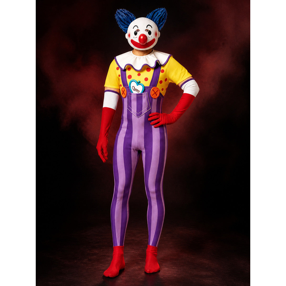Clown Jumpsuit Costume With Purple Striped Overalls & White Ruffled Collar main product view