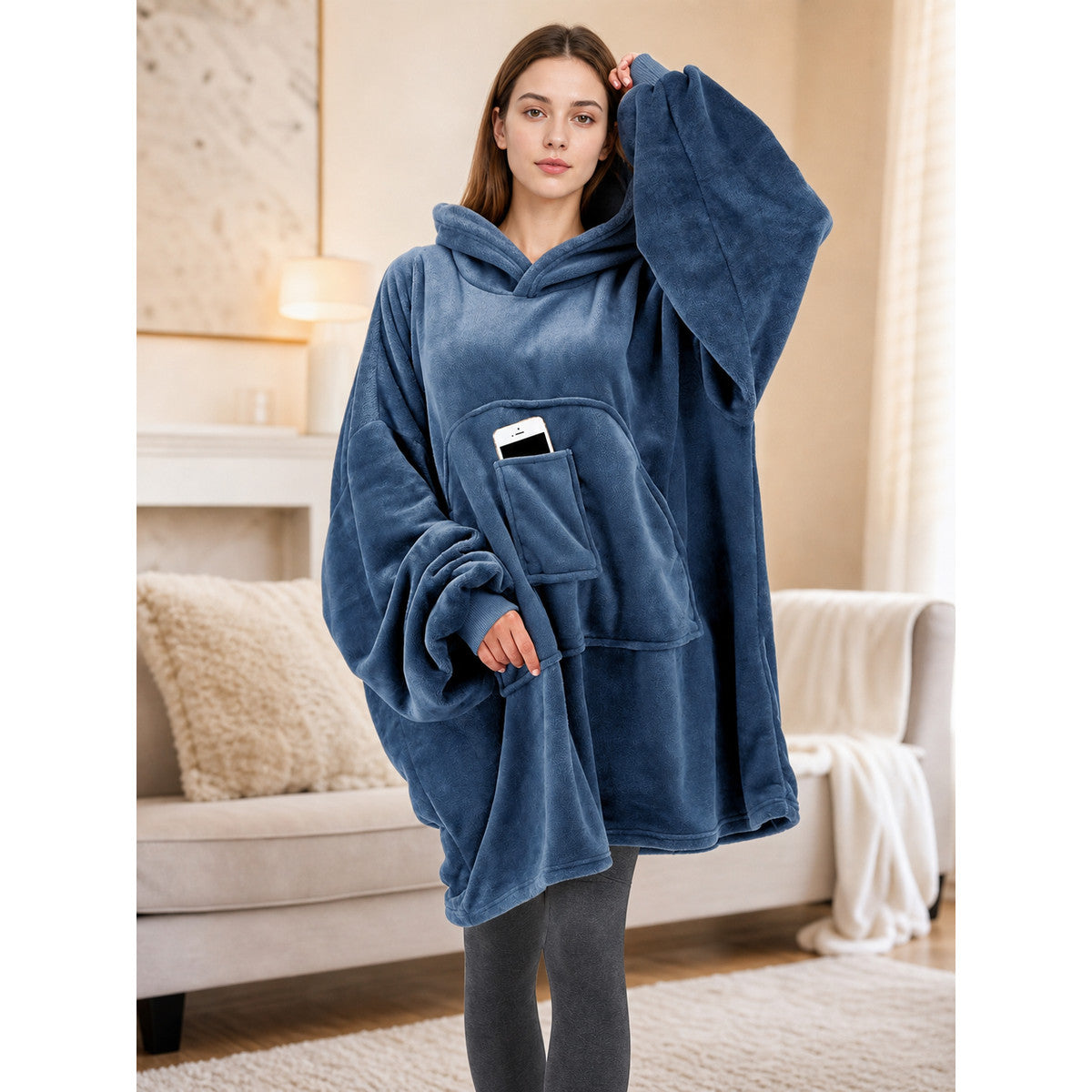 Hooded blanket hoodie with sleeves and a pocket lifestyle