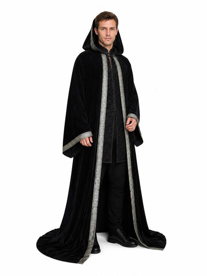 Black hooded cloak for Halloween, silver trim Costume Capes detail