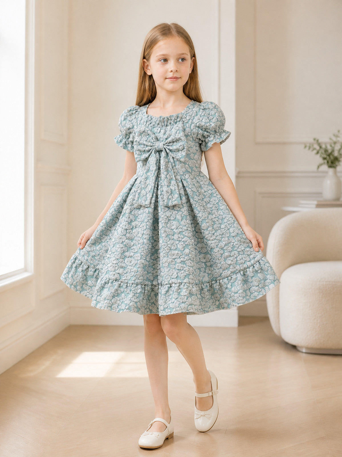 Gray-Blue Princess Dress with a Full Skirt and Bow lifestyle view