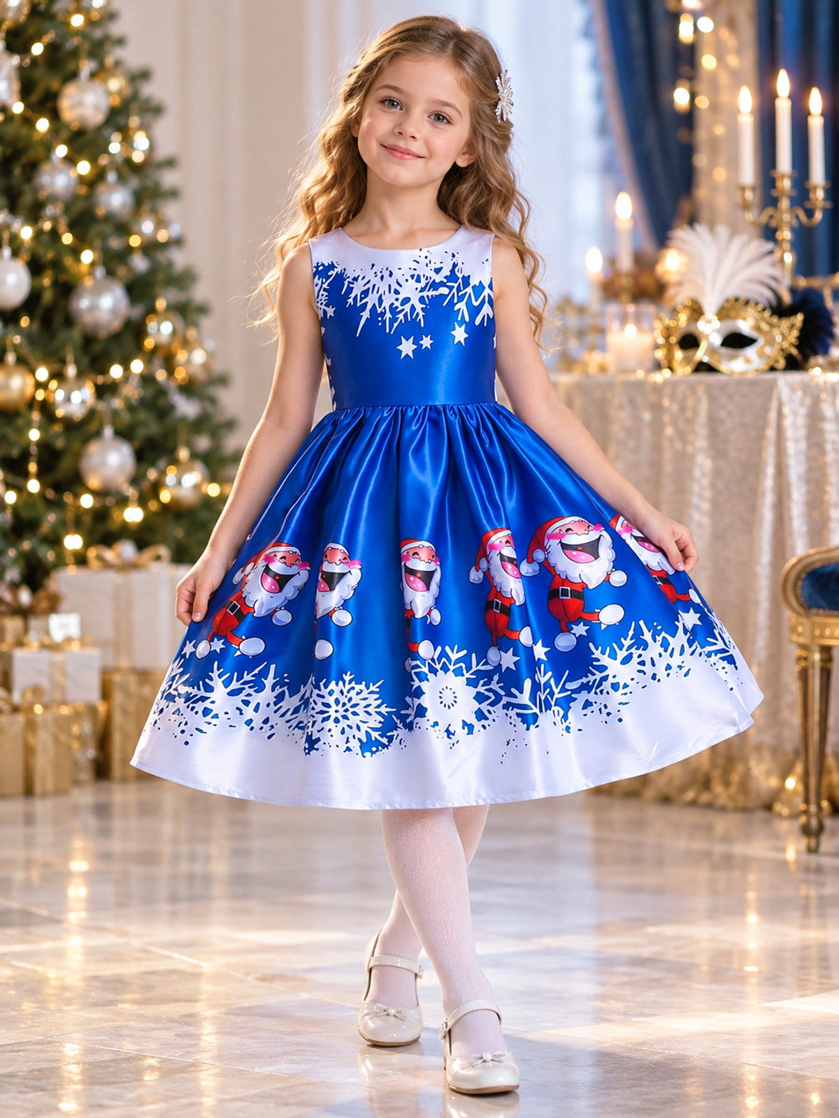 Blue Girls' Holiday Dress with Christmas Print lifestyle view