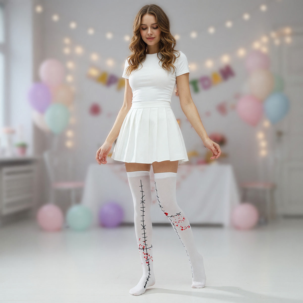 White Mid-Thigh Stockings with Bloodstains