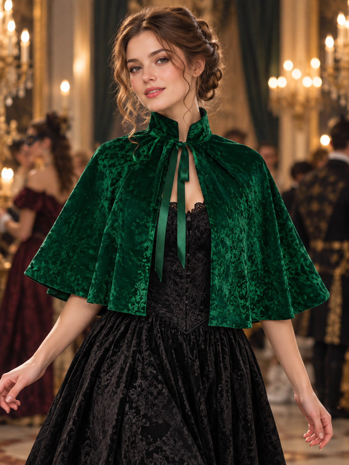 Green Velvet Capelet with Stand Collar
