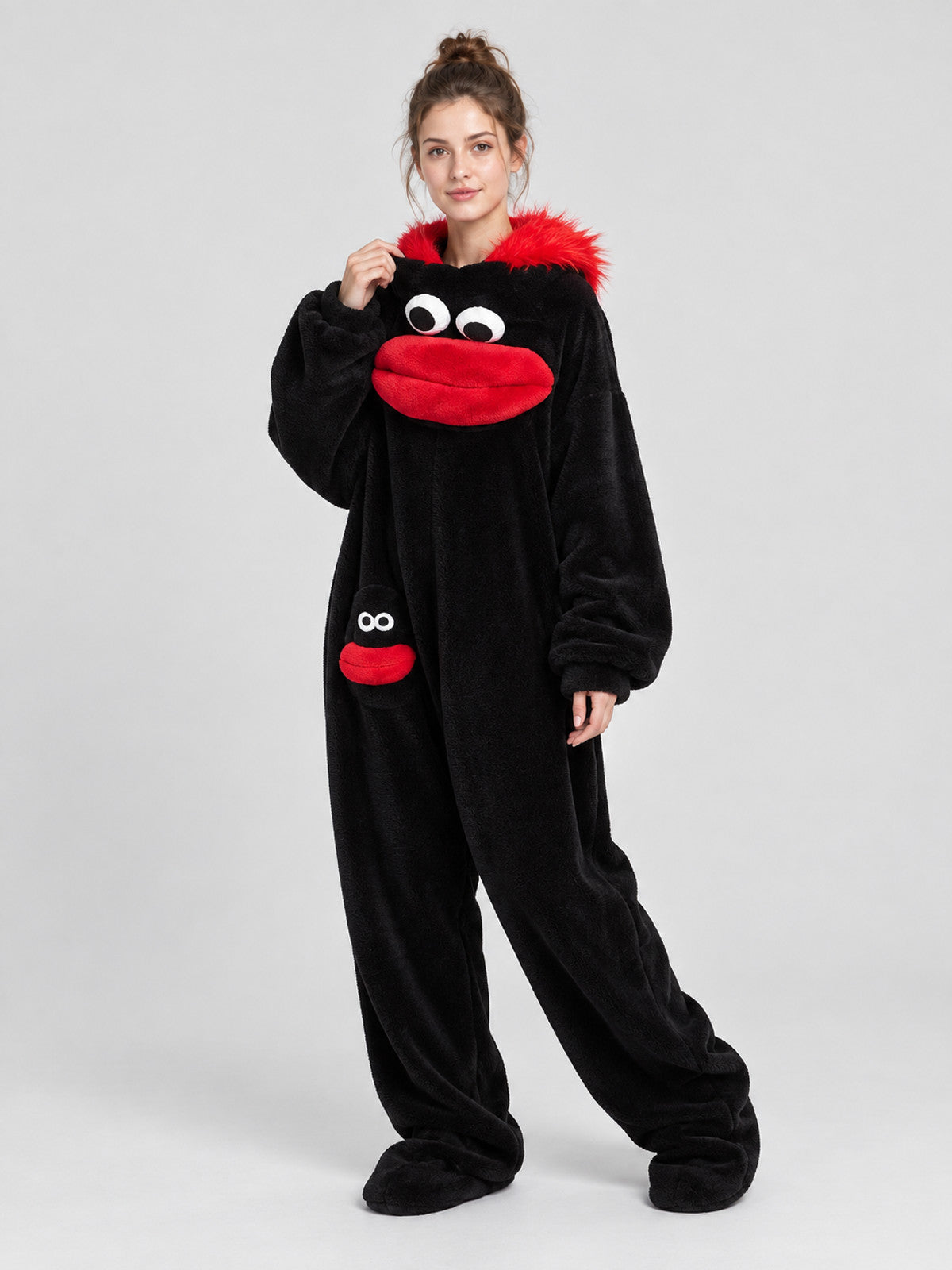 Black Cartoon Coral Fleece Pajama Jumpsuit