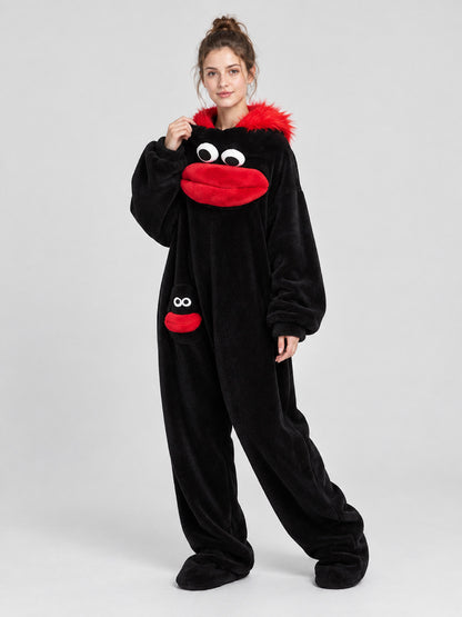 Black Cartoon Coral Fleece Pajama Jumpsuit