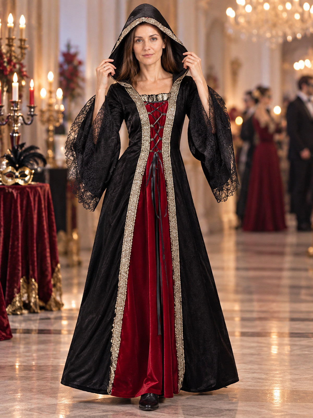 Witch Halloween Costume with Hood and Red Insert