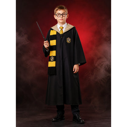 Hufflepuff Wizard Costume Set, Hooded Robe With Striped Scarf, Tie, Glasses & main product view