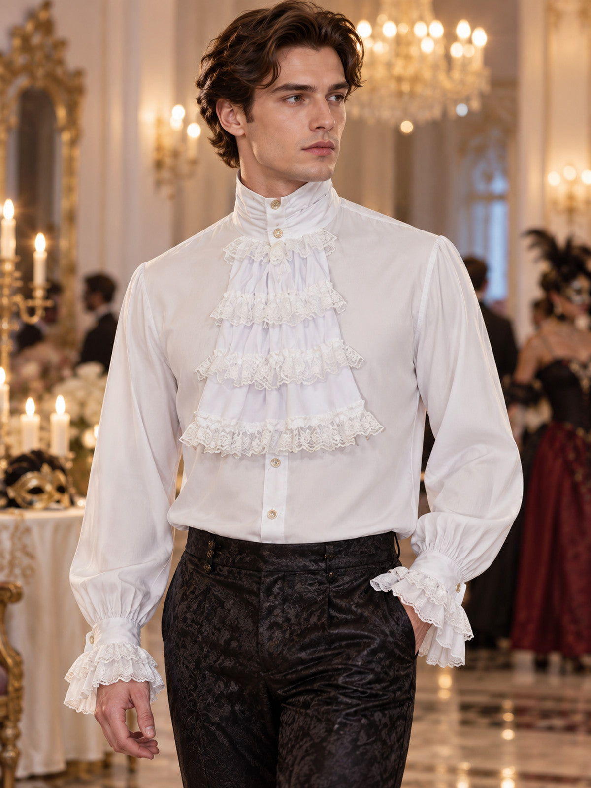 White Historical-Style Shirt with Lace Jabot