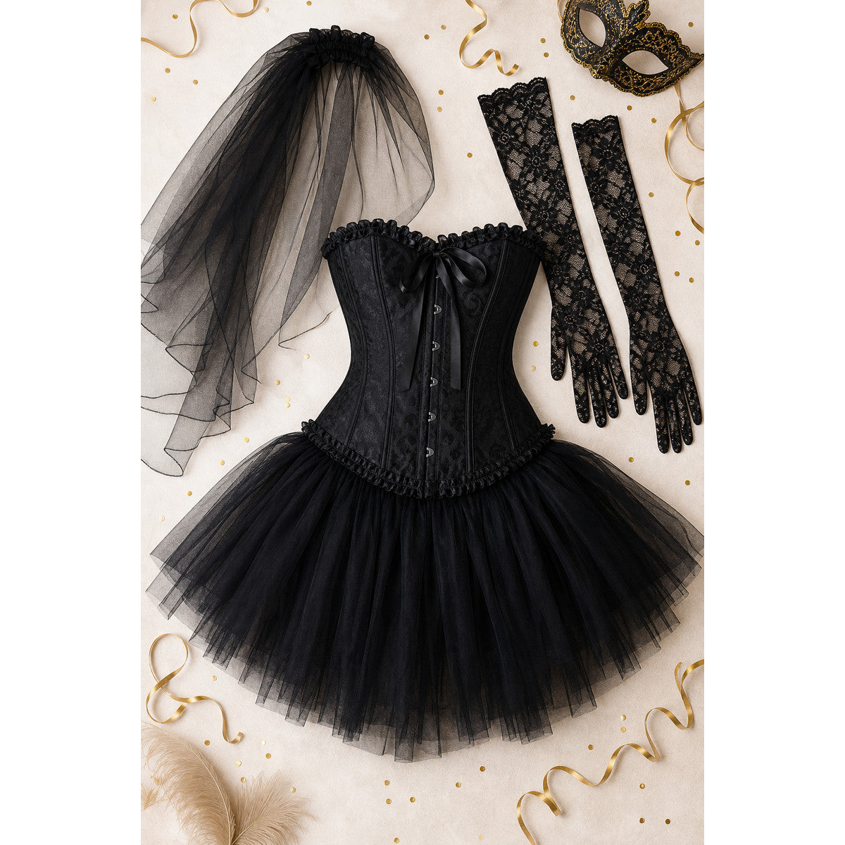 Black corset and tulle skirt masquerade costume lifestyle view
