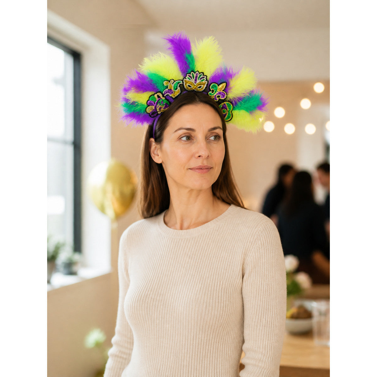 Halloween Carnival Headpiece with Feathers and Mask lifestyle view