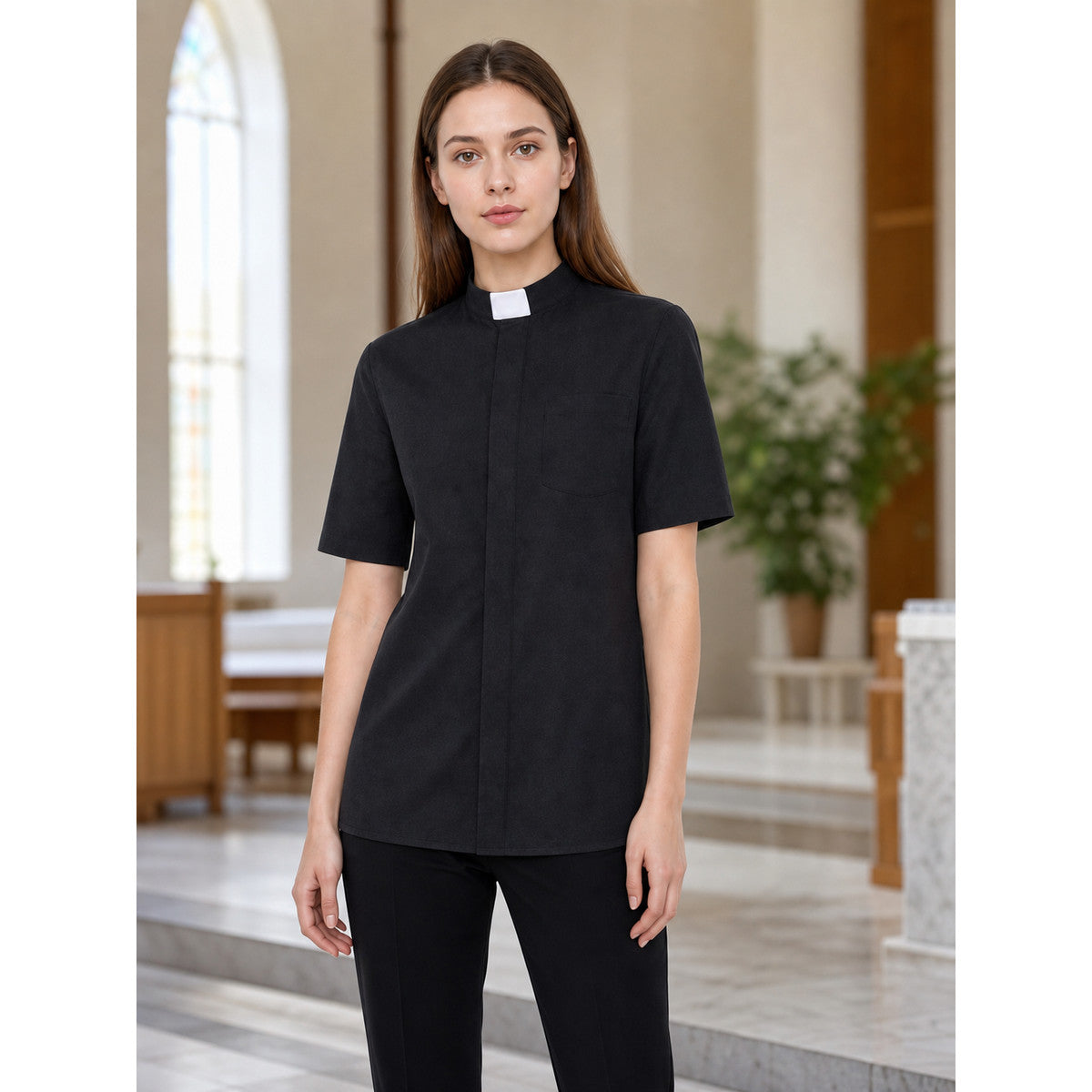 Stand-collar shirt, short sleeves lifestyle view