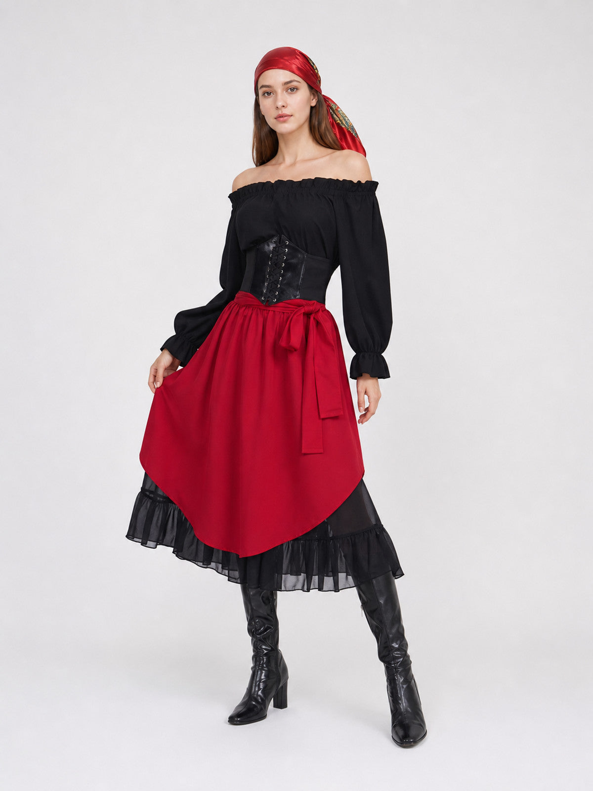 Theatrical pirate costume set with accessories. The two-color design in black