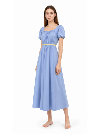 Long Dress with a Square Neckline and Puff Sleeves