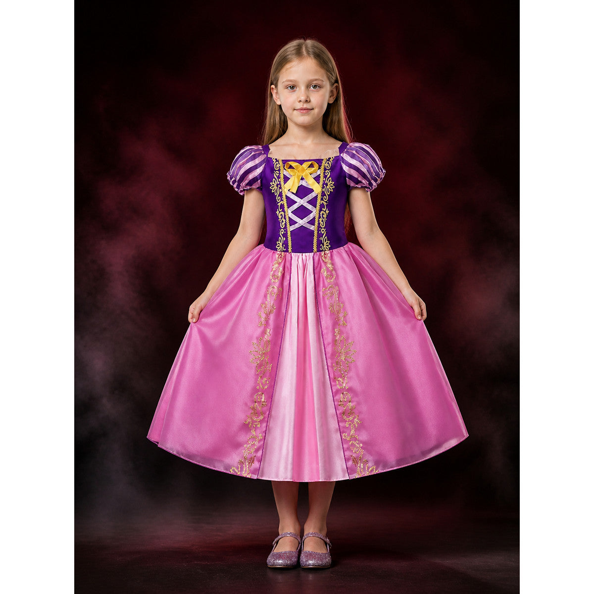 Girls Princess Costume Dress, Purple Pink Puffy Sleeve Halloween Outfit main product view