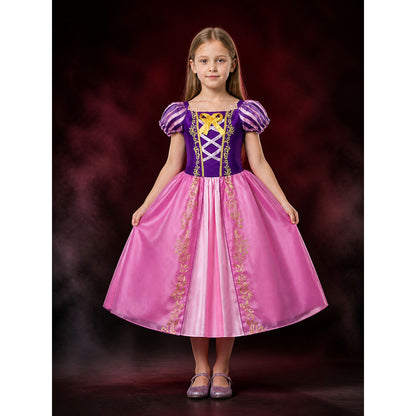 Girls Princess Costume Dress, Purple Pink Puffy Sleeve Halloween Outfit main product view