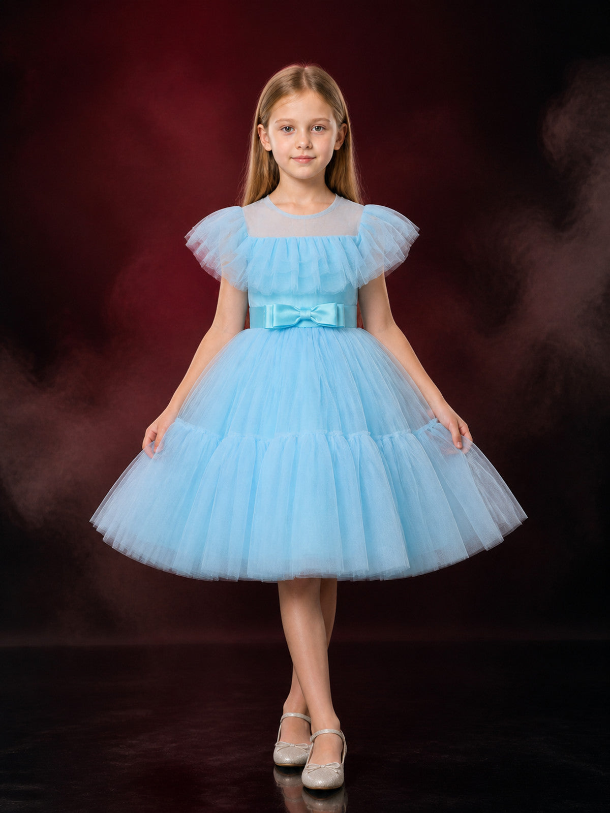 Girls' Light Blue Princess Dress, Square Neck Puff Sleeve Layered Tulle Gown main product view