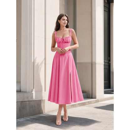 Pink Tie-Front Spaghetti-Strap A-Line Dress lifestyle view