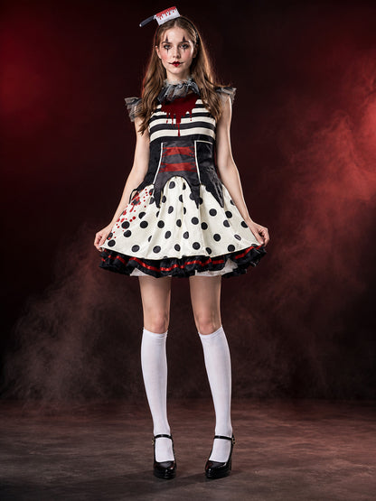 Adult Clown Costume Dress, Black White Striped Ruffle Gown with Blood Print