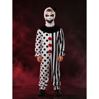 Scary Halloween Polka Dot Clown Jumpsuit Costume Set with Headpiece and Top Hat main product view