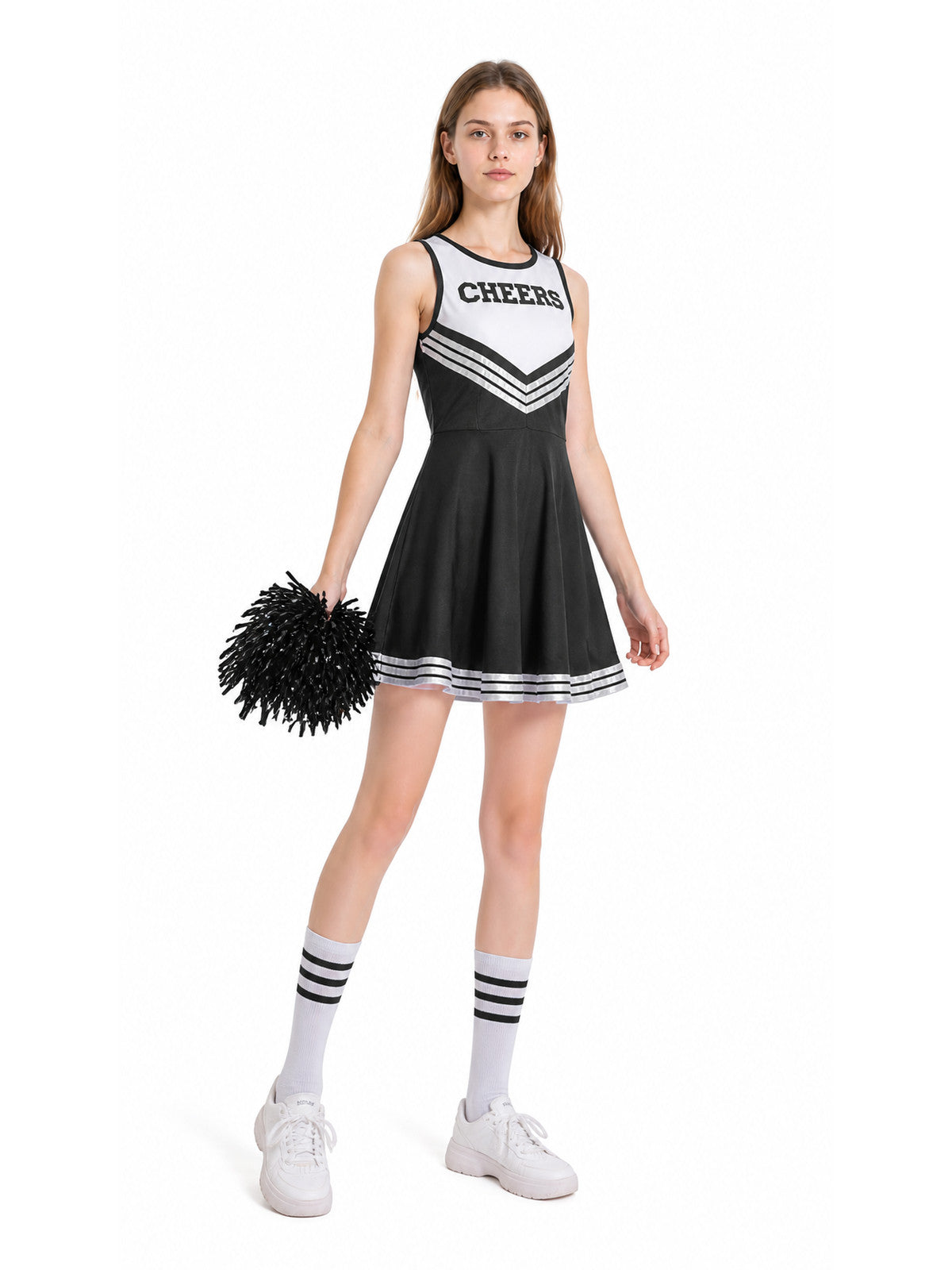Sleeveless Cheerleader Dress with CHEERS Lettering, Black and White