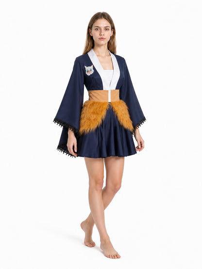 Japanese-Style Dress with Flared Sleeves and Cat Print Costume Dresses detail