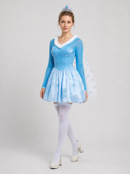 Short Princess Costume with Snowflakes and Cape, S-XL