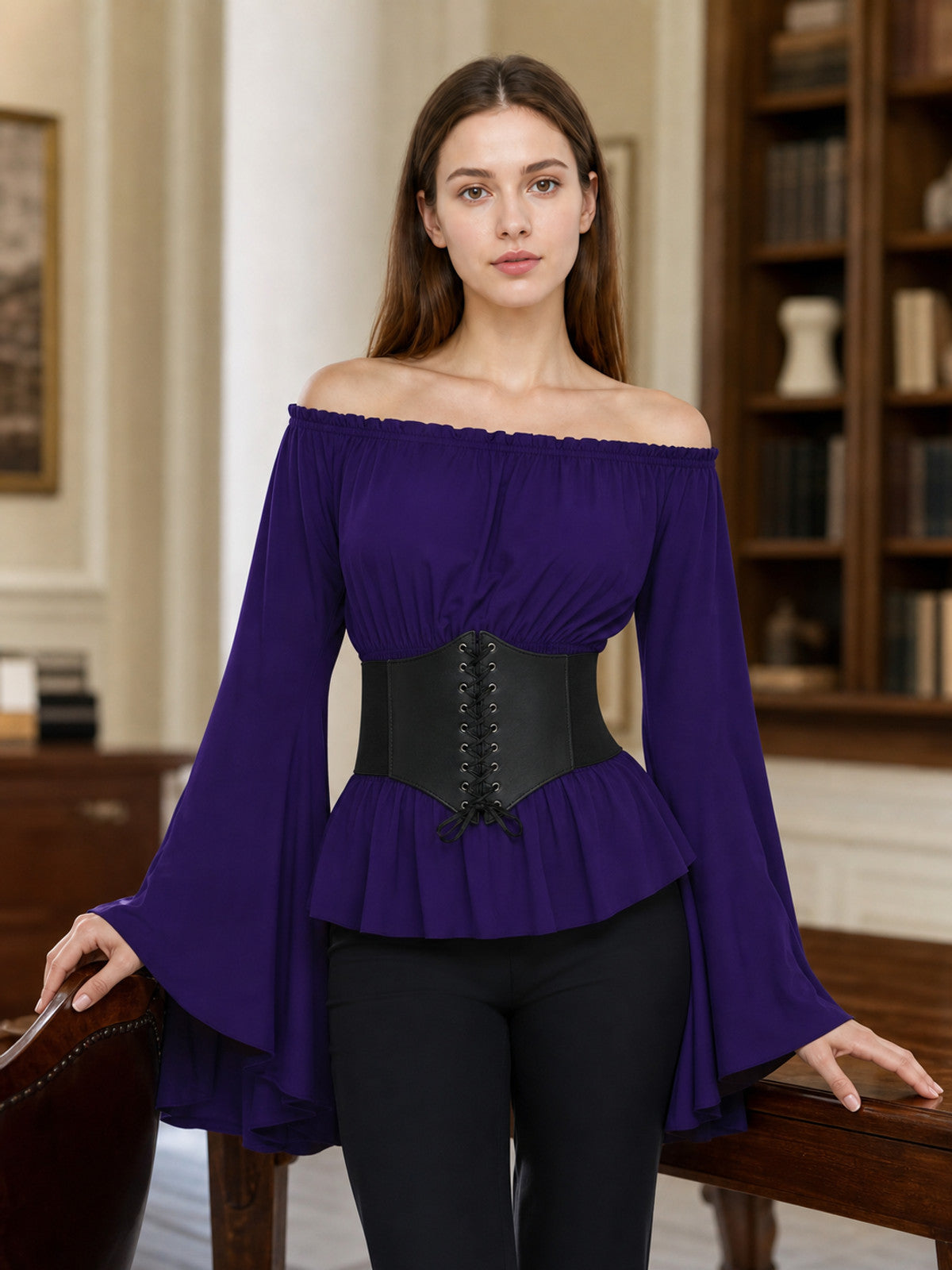 Purple blouse with a tie belt, off-the-shoulder neckline, and flared sleeves lifestyle view