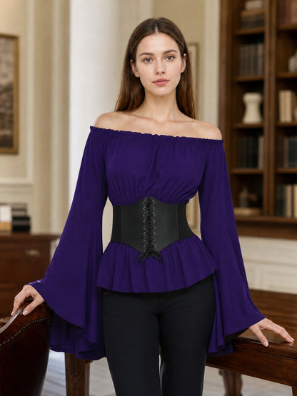 Purple blouse with a tie belt, off-the-shoulder neckline, and flared sleeves lifestyle view