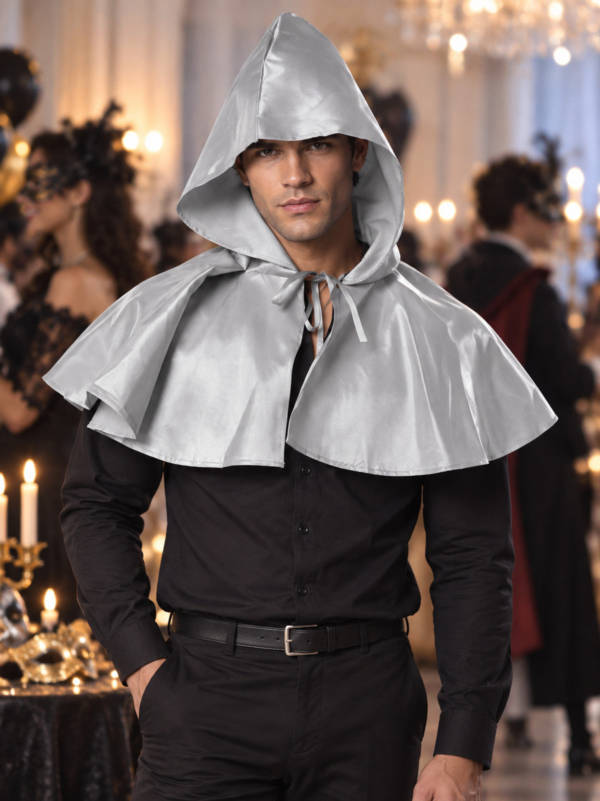 Silver Shiny Hooded Carnival Cape