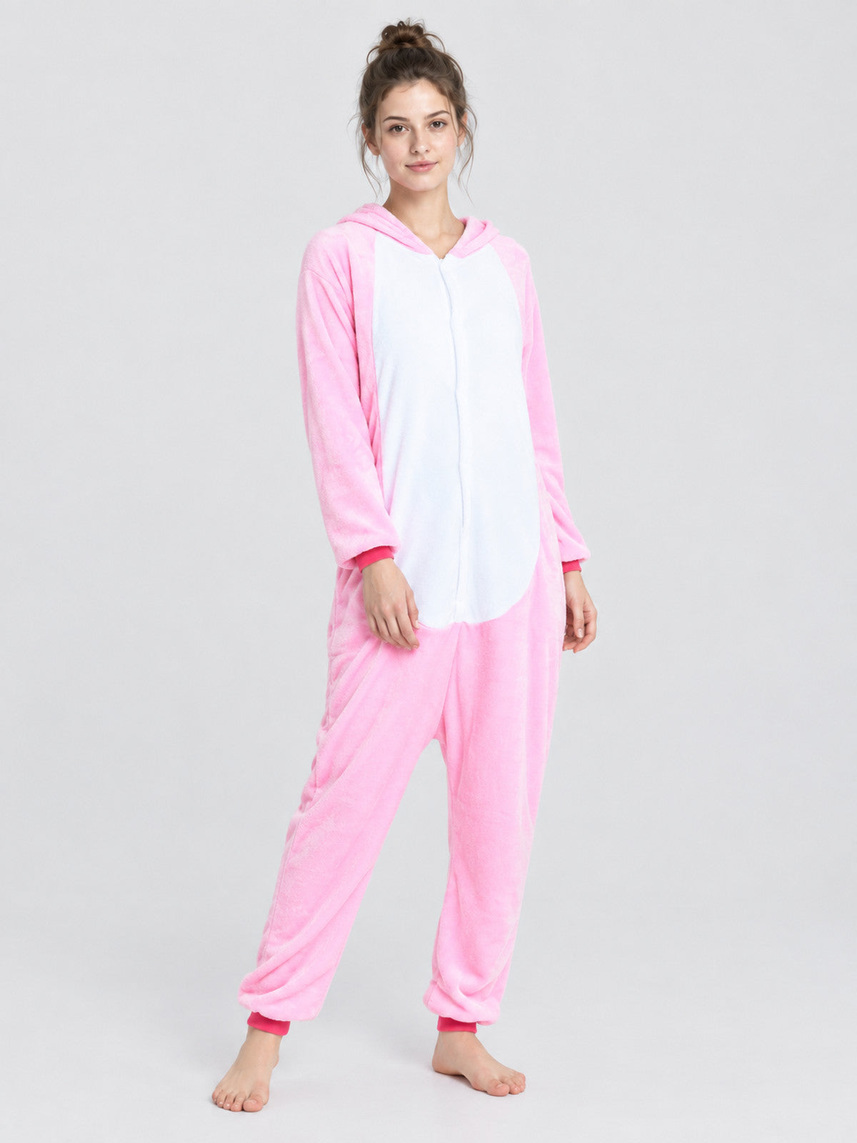 Pink and White Flannel Hooded Pajama Jumpsuit