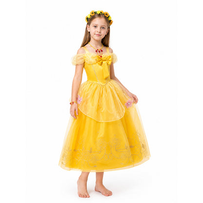 Yellow Princess Dress with Flowers and Bow Costume Dresses detail