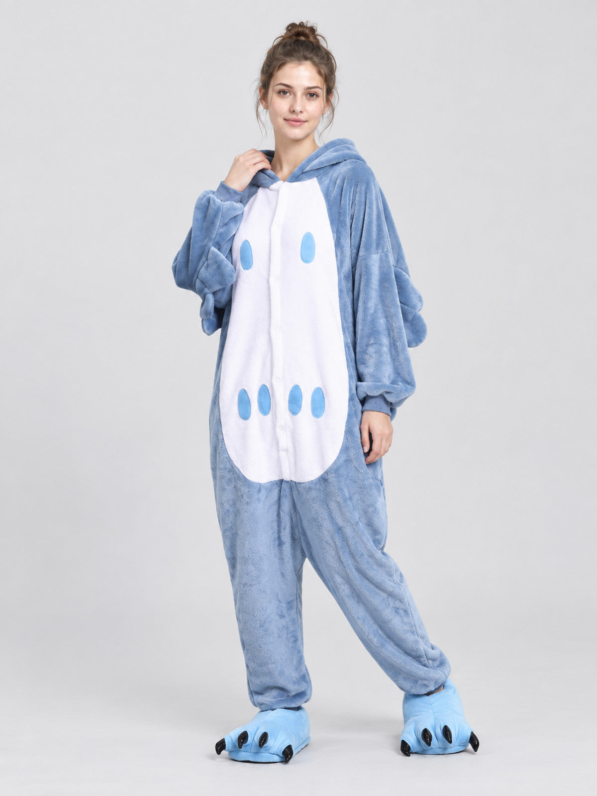 Gray-Blue Flannel Hooded Pajama Jumpsuit