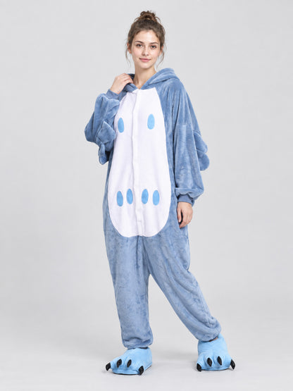 Gray-Blue Flannel Hooded Pajama Jumpsuit