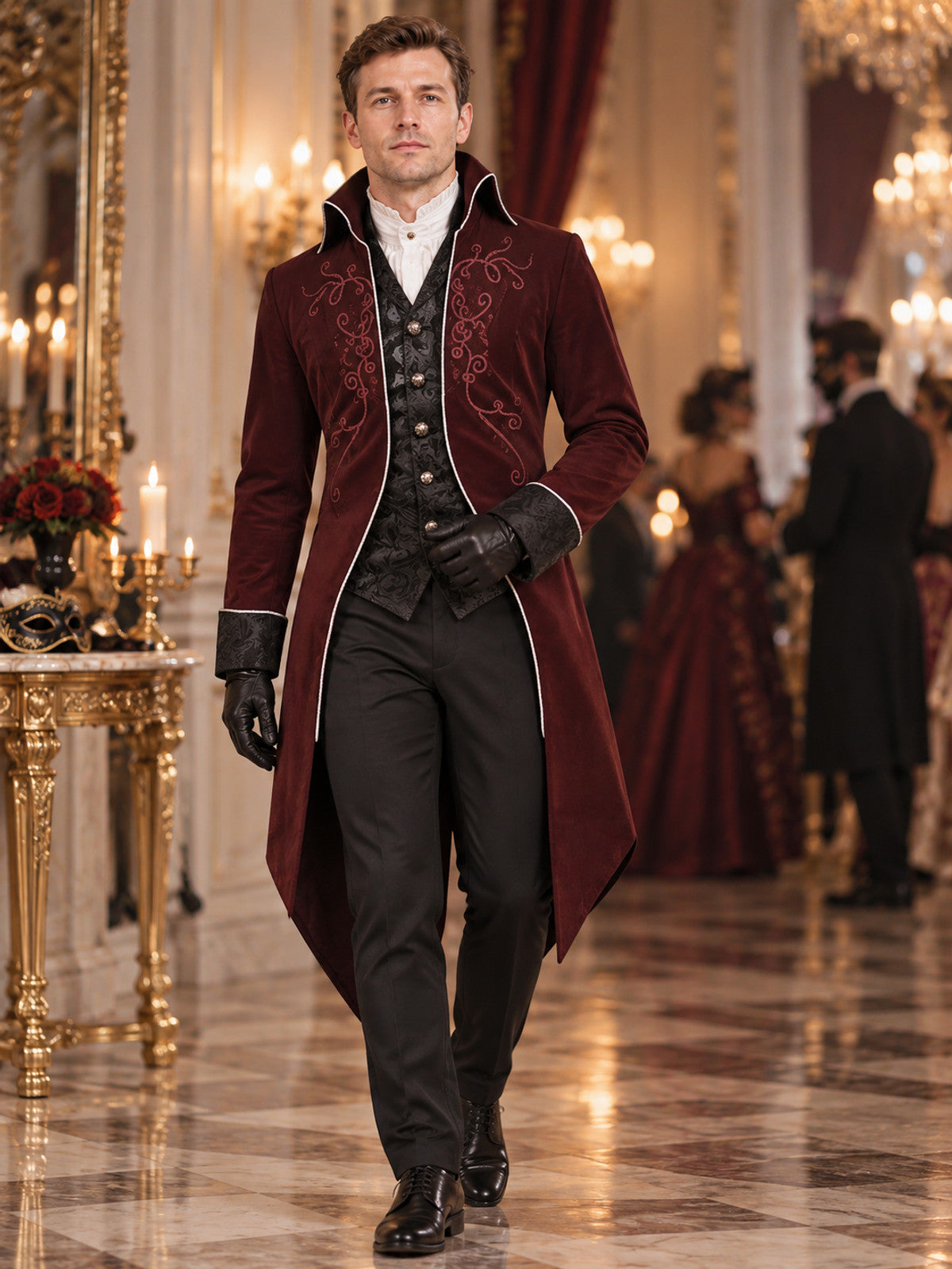 Burgundy Embroidered Vampire Carnival Tailcoat