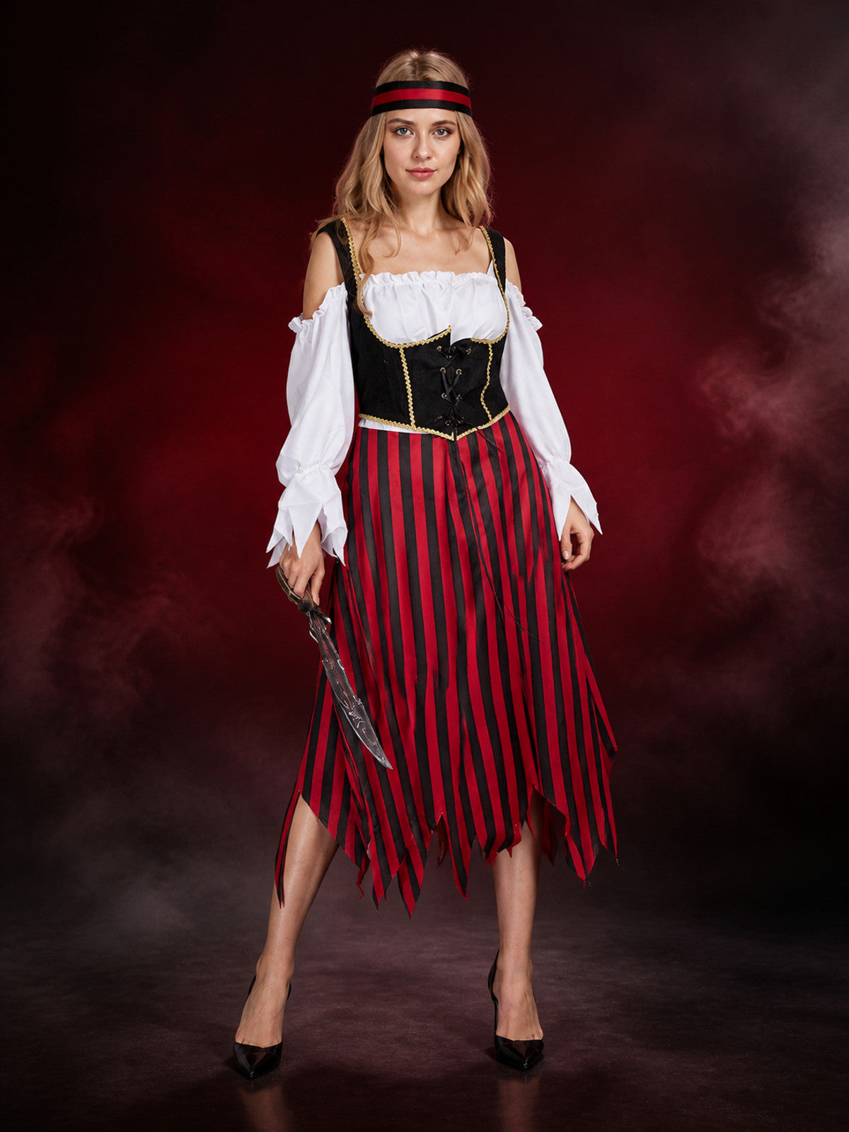 Women's Pirate Costume Set, Red Black Striped Dress with Gold Trim, Halloween