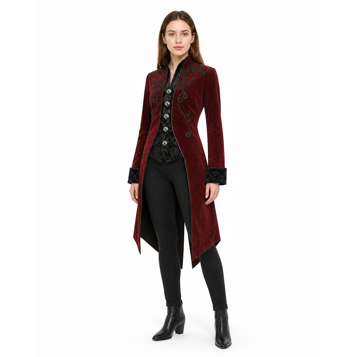 Vintage Burgundy Frock Coat with Embroidery and Buttons product detail