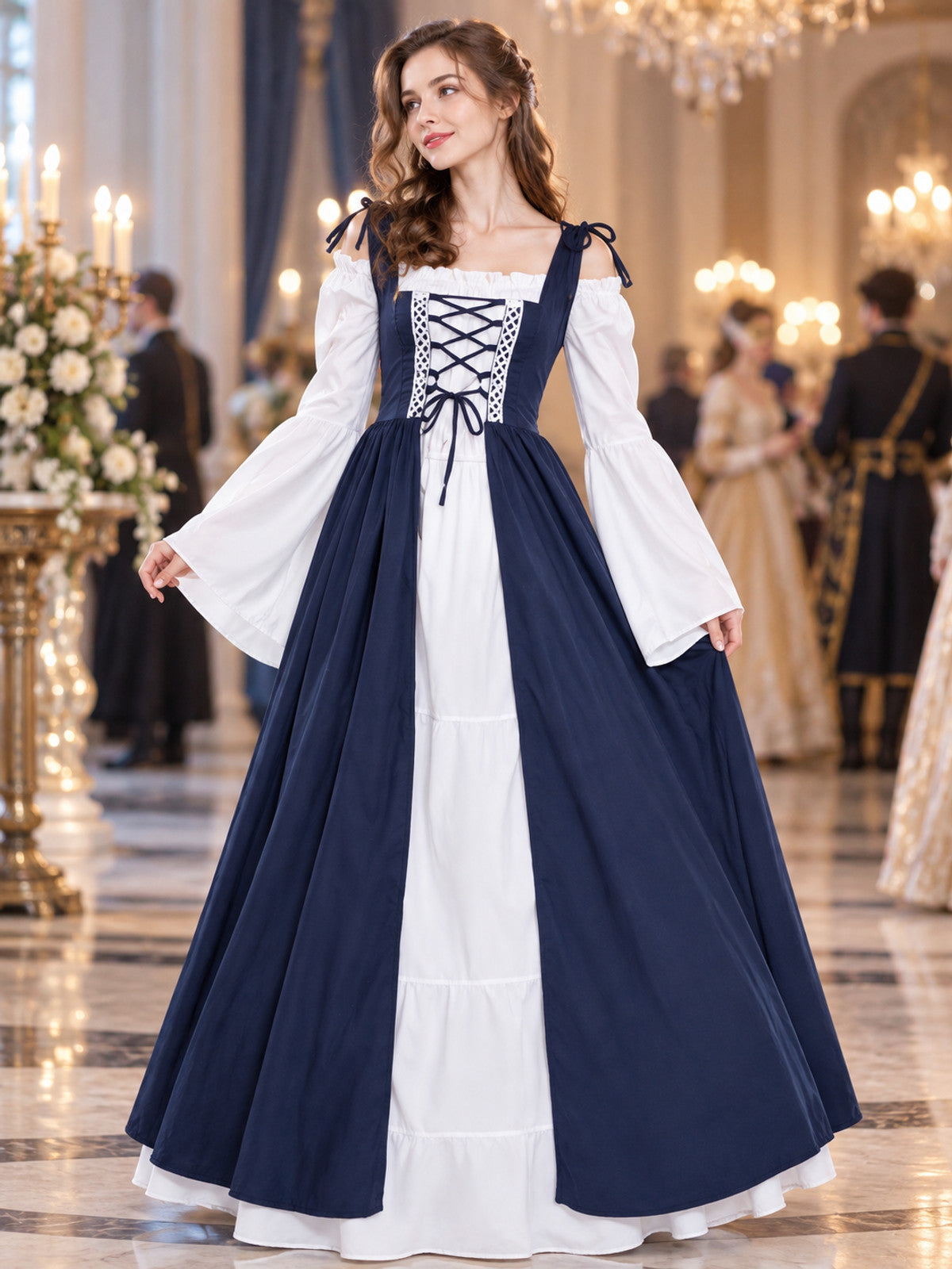Medieval Floor-Length Dress with Long Sleeves and Lacing